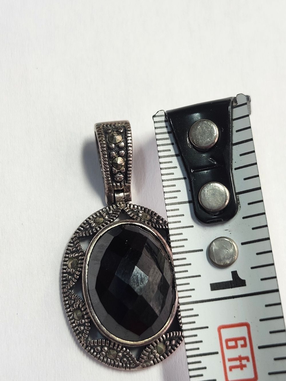 Sterling Silver 925 Black Quartz Stone Oval Pendant With Marcasite Accents - Picture 2 of 3